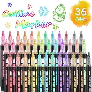 Double Line Super Squiggles Glitter & Metallic Markers, 36 Colors - Self Outline Pens for Doodle Art, Greeting Cards & Crafts (1 Count (Pack of 36))