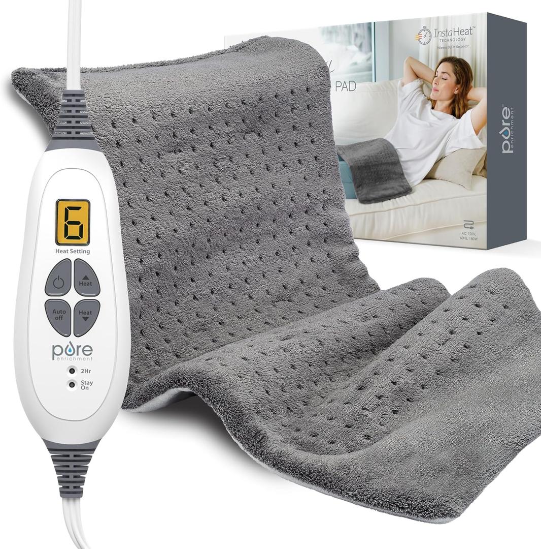 Pure Enrichment PureRelief XL Heating Pad - 12" x 24" Electric Heating Pad for Back Pain & Cramps, 6 Heat Settings, Soft Machine Wash Fabric, Auto-Off & Moist Heat (Charcoal Gray)