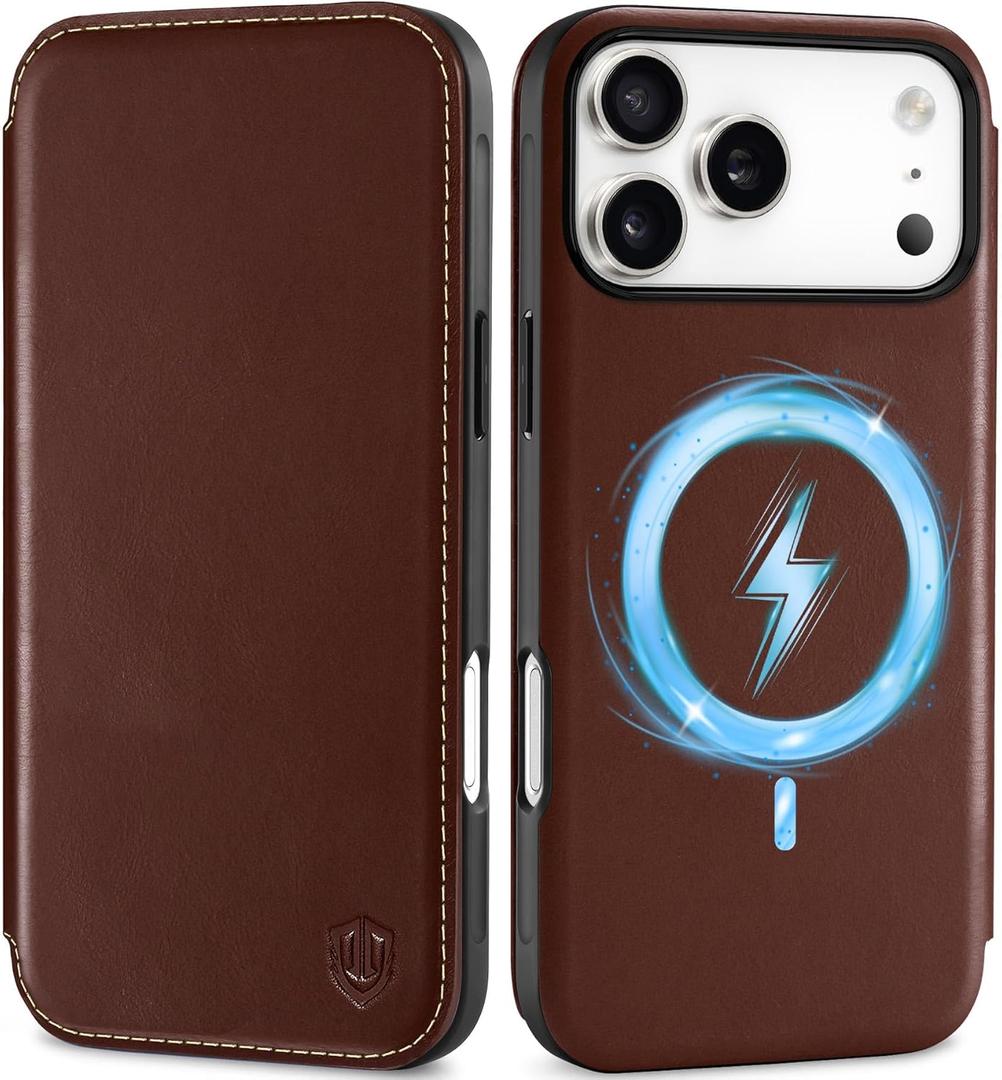 SHIELDON Genuine Leather Slim Case Wallet for iPhone 17 Pro Max 6.9-inch 2025 | Wireless Charging | Flip Magnetic | RFID Blocking Credit Card Holder | Full Protective Cover | Retro Coffee
