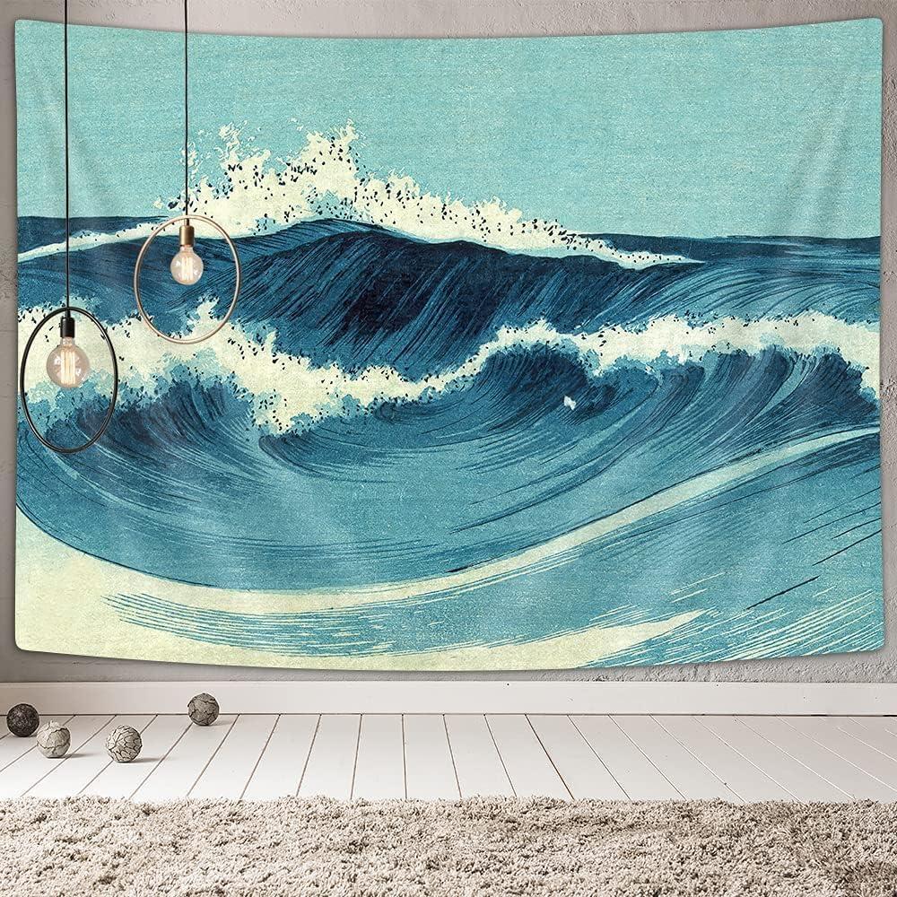 Retro Ocean Tapestry Wall Hanging, Vintage Blue Watercolor Ocean Waves Wall Art Tapestries, Japanese Anime Sea Wave Wall Decor Indian Tapestry for Bedroom Aesthetic Home Dorm, Wall Blanket,71"x60"