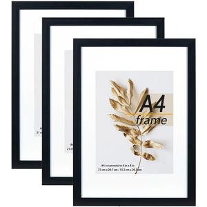 A4 Picture Frame Black 3 Pcs set can Display 6x8 Picture with Mat or A4 Without Mat on the Wall