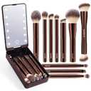 MAANGE Makeup Brush Set 10 Pcs Travel Makeup Brushes Double-ended Kabuki Brush for Foundation Powder Concealers Eye Shadows Makeup Tools Set with LED Light Mirror (Coffee Brown)