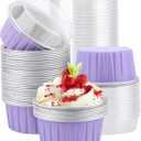 EUSOAR Aluminum Foil Baking Cups with Lids, 50pcs 5oz Creme Brulee Ramekins Disposable, Muffin Liners Cups Oven Safe Mini Cheesecake Foil Pans Dessert Containers with Lids for Party Favor Birthday (Light Purple)