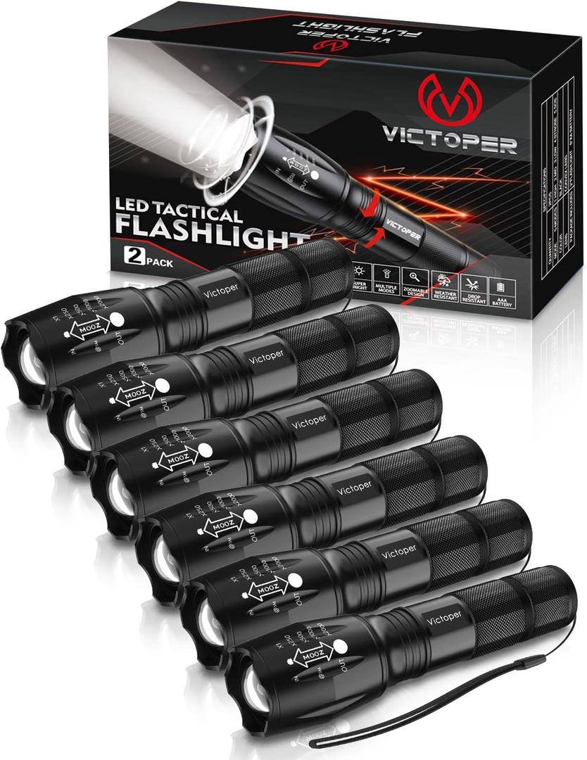 Victoper LED Flashlight 6 Pack, Bright 2000 Lumens Tactical Flashlights High Lumens with 5 Modes, Waterproof Focus Zoom Flash Light, Portable Flashlight for Camping Hiking Outdoor Home Emergency (Black)