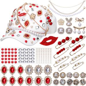 Suncalla 54 Pcs DIY Charms Set for Trucker Hats, DIY Hat Accessories Rhinestones Jewelry Brooches Charms Safety Pin for Junk Socks & Shoes (Red,Cute)