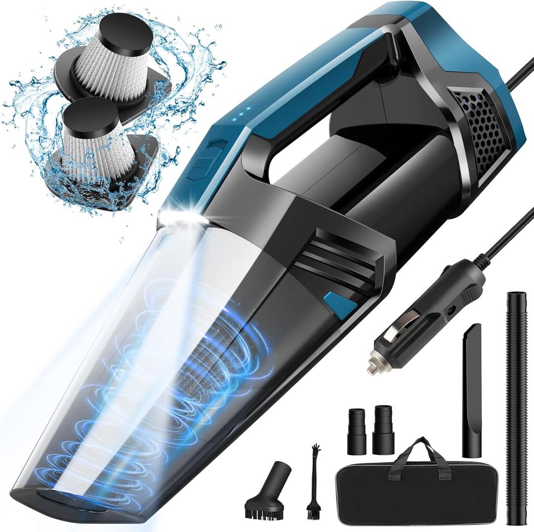Car Vacuum - Portable Handheld Car Vacuum Cleaner High Power with 16.4ft Cord, Bag, LED Light & Attachments - DC 12V High Power Small Vacuum for Car, RV, Boats, Travel - Car Accessories