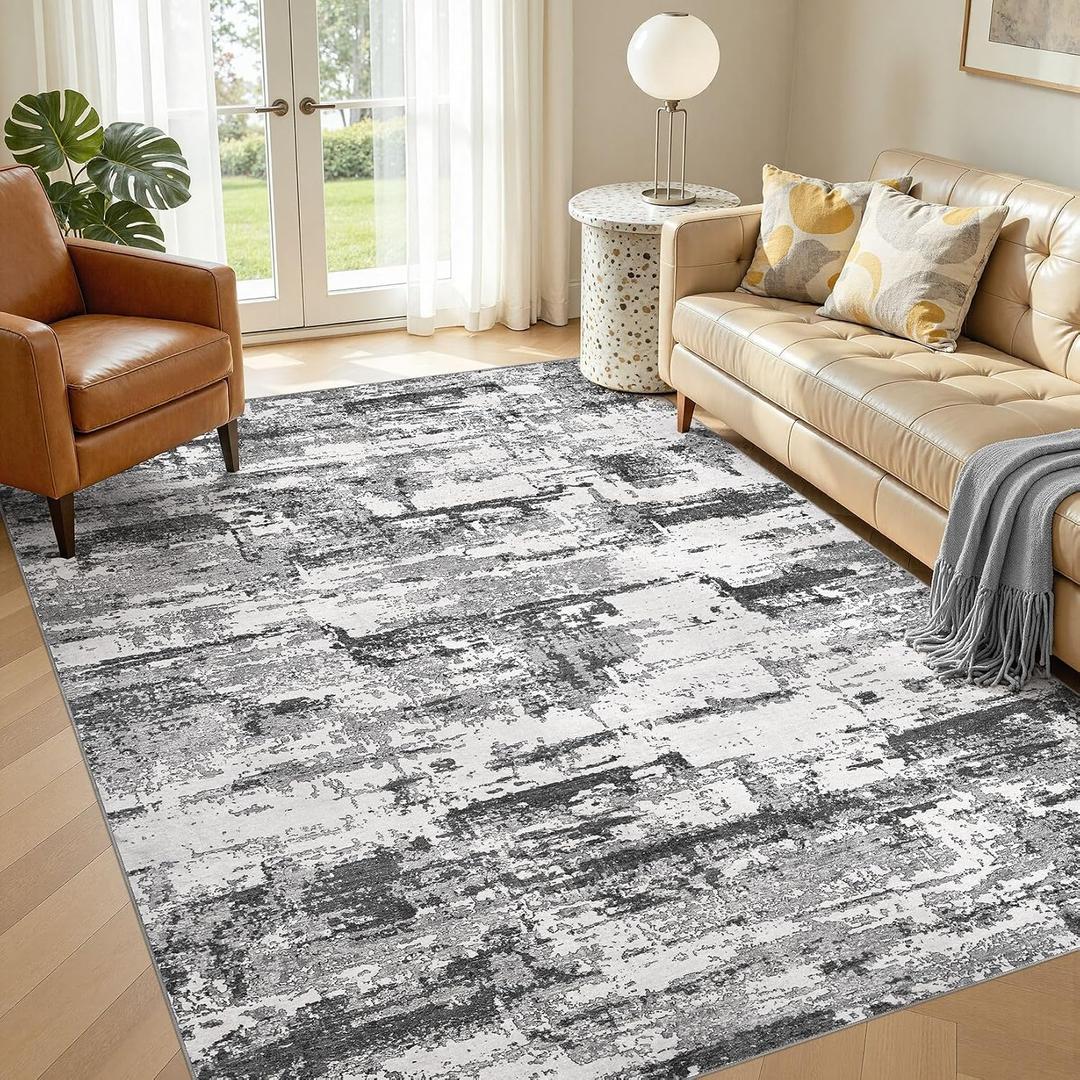 Area Rugs 5x7 Living Room: Washable Large Abstract Modern Neutral Soft Rug Stain Resistant Non-Slip Backing Carpet for Bedroom Dining Room Indoor Nursery Dorm Home Office Decor - Black Grey