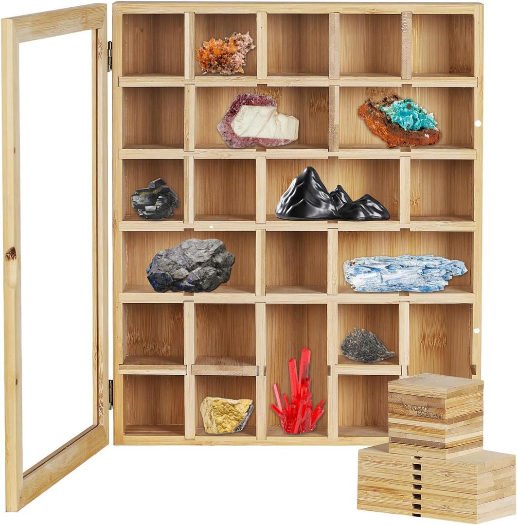 AUTOARK Adjustable Rock Display Case,Bamboo Crystal Organizer for Stones Storage,Suitable for Displaying and Storing Various,AHK-058