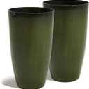 Worth Garden 23.5" H. Large Plastic Planters - Set of 2 Gradient Green Glossy Smooth Finish - Tall Plant Pots for Indoor & Outdoor Use - Decorative Lightweight Flower Pots for Front Porch, Patio, Deck