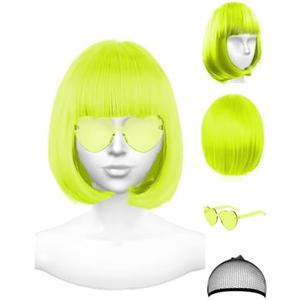 Neon Green Wig and Party Sunglasses, Rainbow Wig with Neon Glasses Wigs for Women, Short Light Lime Green Wigs - Bachelorette Party Decorations Favors (Lemon Green)