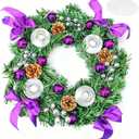 Purple Advent Wreath with Lace Doily Centerpiece, 13-Inch Christmas Table Wreath with 4 Silver Candle Holders - Candles Not Included