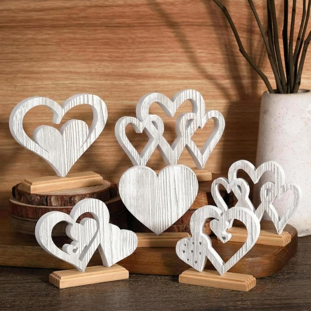 Yousoontic 6 Pcs White Valentine Day Decorations White Wooden Heart Signs Table Decor Vintage Heart Table Centerpieces Farmhouse Home Kitchen Valentine Gift Tiered Tray Decor for Home Office Mantel