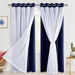 Hiasan Blackout Curtains with Sheer Overlay 84 Inches Long, Thermal Insulated Mix & Match Double Layer Window Curtains for Bedroom, Living Room, Nursery, 2 Panels with Tiebacks, Navy Blue, 60W X 84L (60"W x 84"L (Pack of 2), Navy Blue)