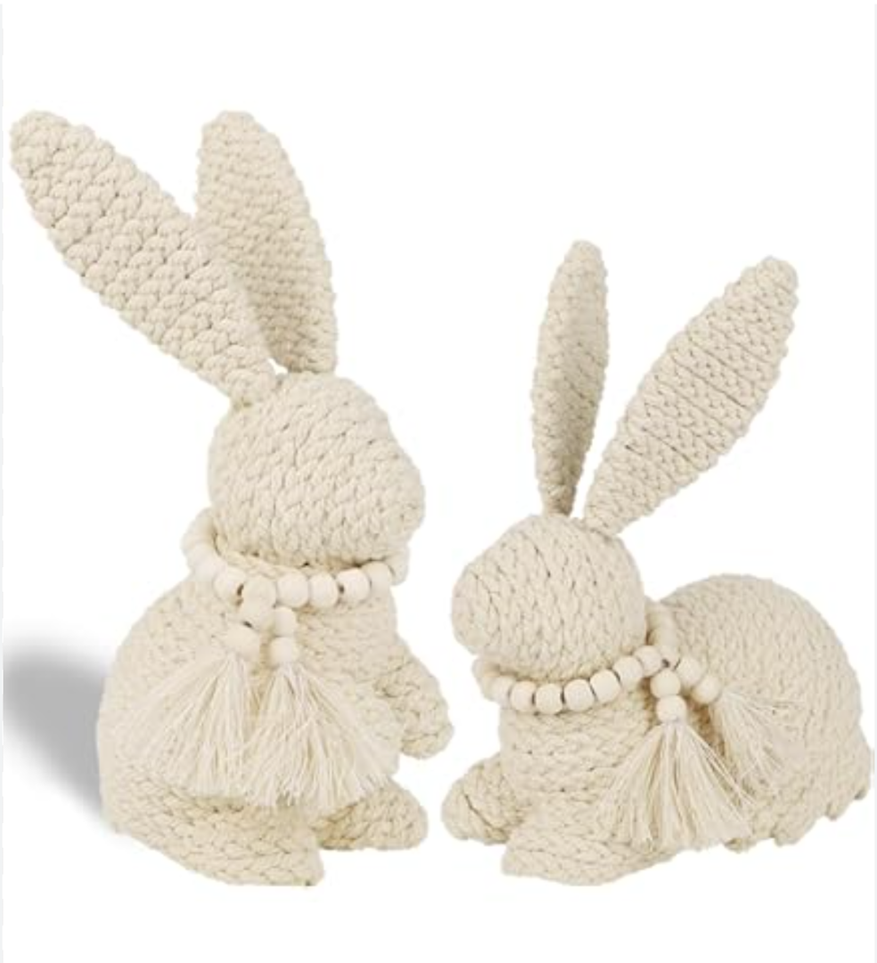 2 Pack Easter Bunny Figurines Decor, Rabbit Figurine Table Decorations, Spring Bunnies Decoration Cotton Woven Statue for Home Indoor Centerpieces Fireplace Farmhouse Gifts (Beige)