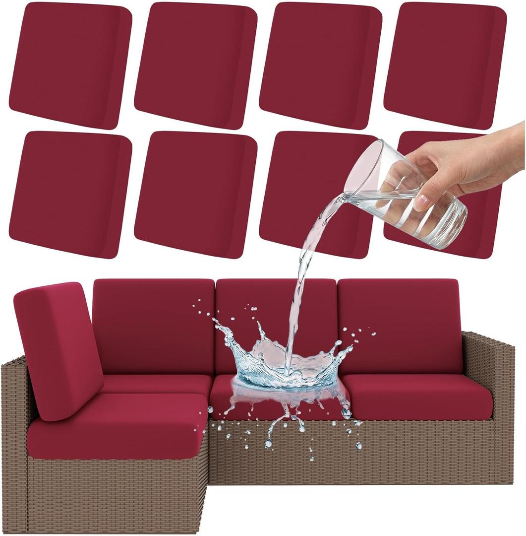 Smiry Waterproof Patio Cushion Covers, Stretch Outdoor Couch Slipcovers Replacement Washable Furniture Protector Sofa Chair Seat Cover for Dogs and Pets (8 Pcs, Wine Red)