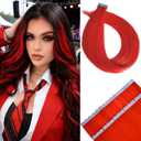 Red Mini Tape in Hair Extensions Human Hair Invisible Seamless Diy Human Hair Tape in Extensions Colored Silky Remy Hair 14Inch 10Pcs for Party