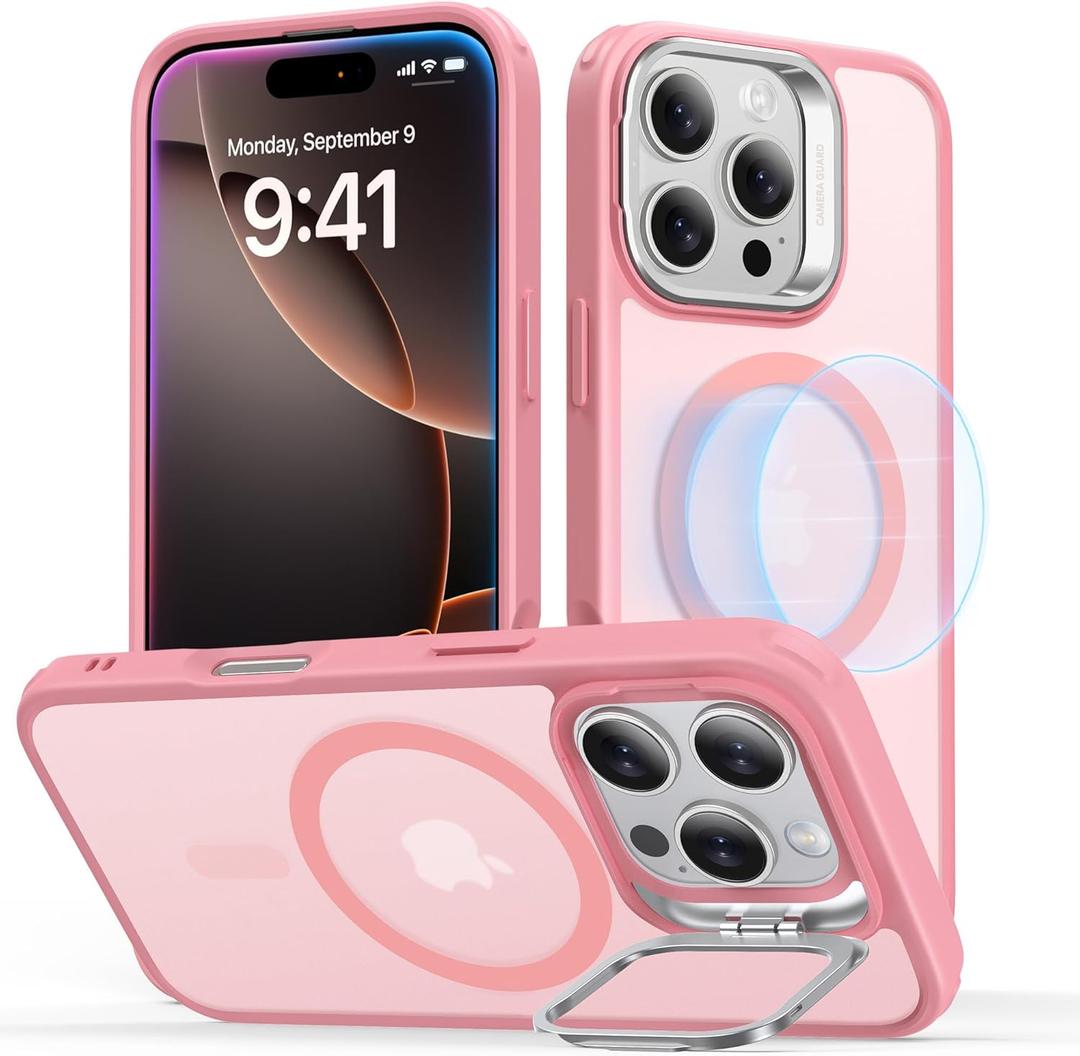 ESR for iPhone 16 Pro Case, Compatible with MagSafe, Military-Grade Protective Case, Built-in Stash Stand Phone Case, Scratch-Resistant Back Cover, Classic Series, Frosted Pink