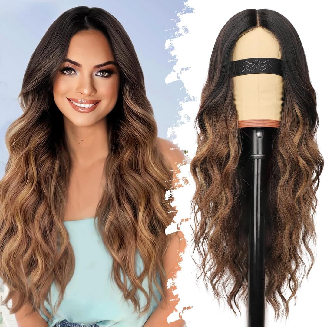 Eawwii Brown Highlights Wig for Women Long Wavy 4x1 Lace Natural Hairline Glueless for Beginners Middle Part Synthetic for Daily Party Use 26Inch