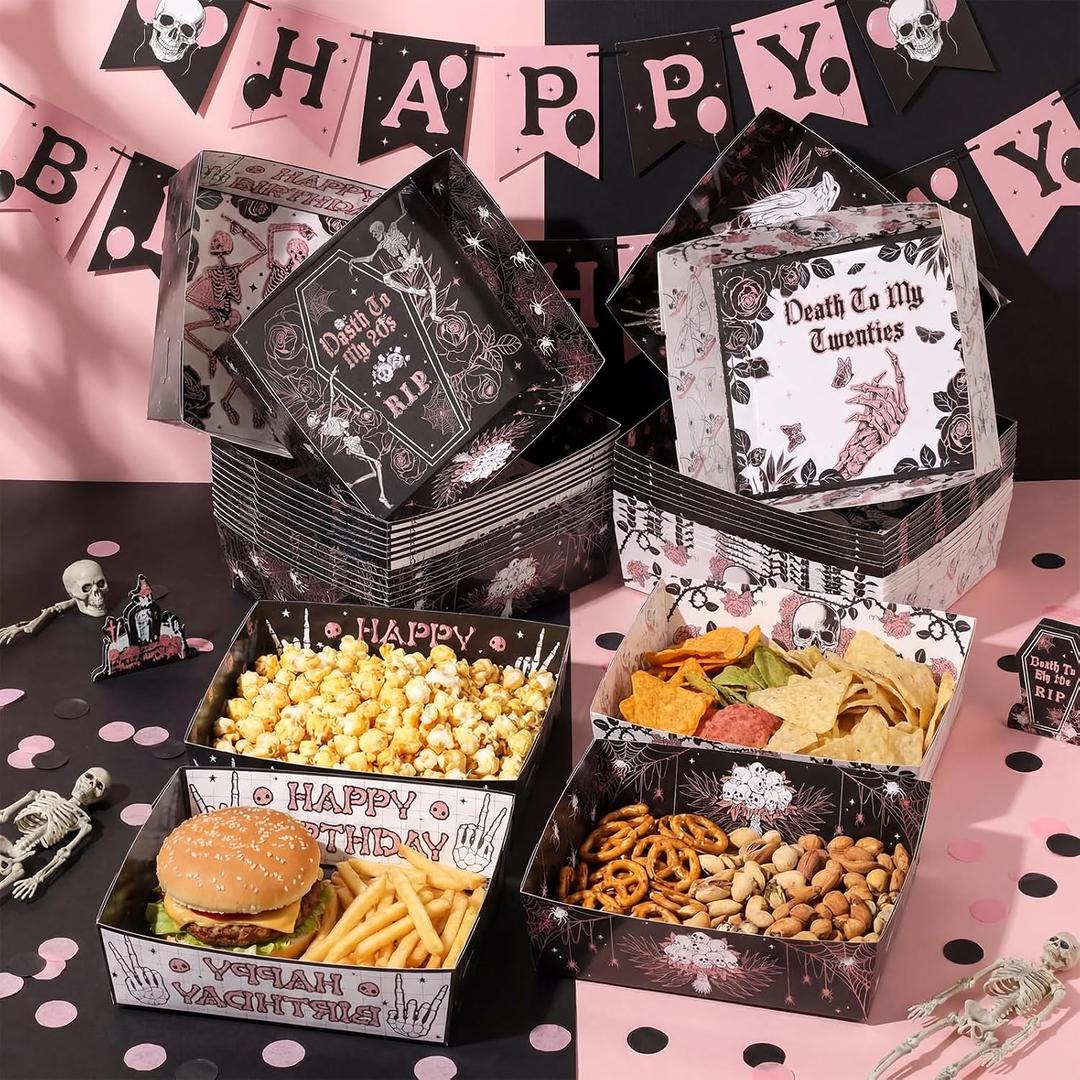 2 x Uiifan 36 Pcs Death to My 20s Decorations Tableware Set 5 lb Rip to My 20s Disposable Tableware Paper Food Trays Plates Paper Boat for Snack Popcorn 30th Birthday Party, 4 Styles(Black and Rose Gold)