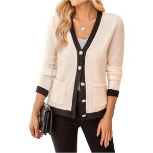 WDIRARA Women's Casual Flap Detail Button Front Cardigan V Neck Long Sleeve Contrast Trim Coat (S)