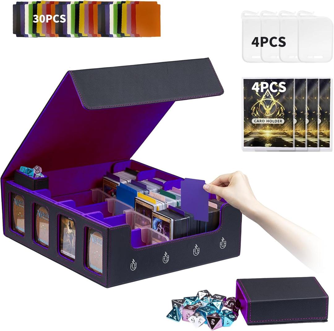 MTG Commander Deck Box 3200+Trading Card Storage Box TCG Deck Case with Display Windows Dice Tray,Card Organizer 30 Colorful Dividers& 4 Supporters& 4 Toploaders (Purple)