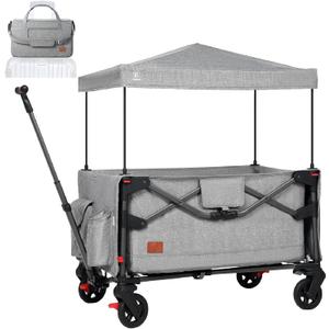EVER ADVANCED Foldable into Bag Travel Wagon Stroller for 2 Kids & Cargo, Collapsible Toddler Wagon with Removable Canopy, Adjustable 5-Point Harness, Lightweight Carry-on Stroller for Airplane, Gray