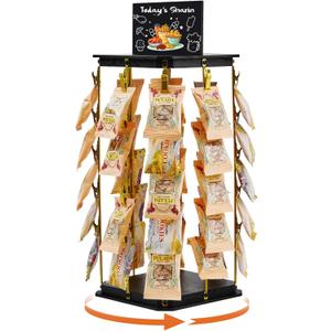 Pinzoveco Chip Rack Display Stand, 5 Tiers 40 Clips Snack Organizer for Office Desk, 360 Rotating Wooden Base Chip Holder Candy Display for Concession Stand, Countertop, Party, With Message Board
