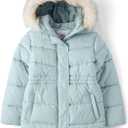 The Children's Place Girls' Water and Wind Resistant Hooded Zip Front Mid Length Puffer Jacket, Faux Fur Lined (Frosty, XXL)