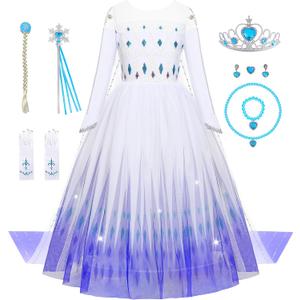 Aoiviss Girls Princess Costumes Snow Queen Princess Dresses Fancy Dress Up Clothes for Halloween Snow Party Cosplay, White, 140