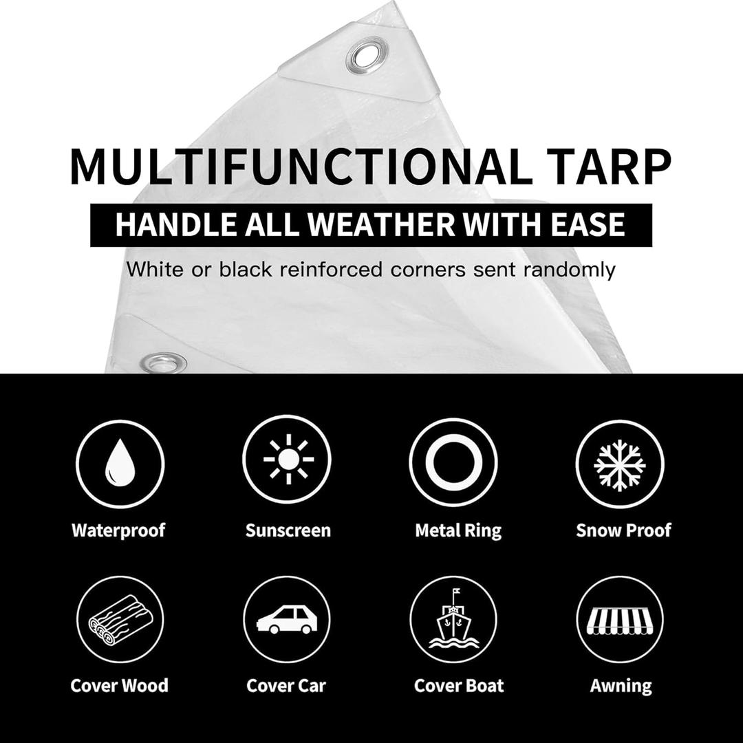 TARPAL Tarp 6'x 8' White Tarp Waterproof 7.5 mil(2-Pack) Medium Duty All Purpose Poly Tarps Cover Waterproof,Snow Proof UV Protection,Rip and Tear Proof,Poly Tarpaulin
