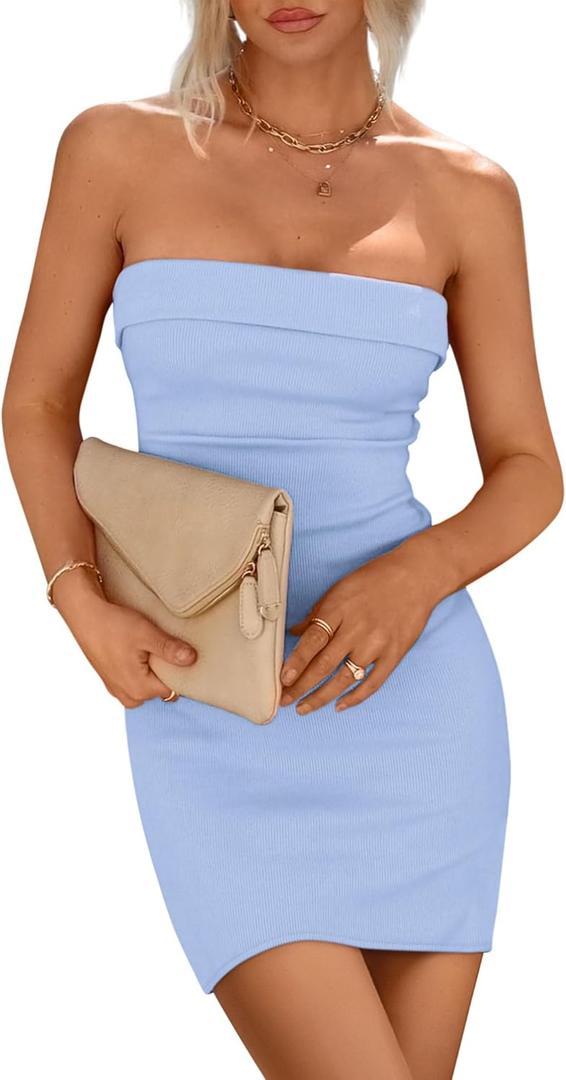 PRETTYGARDEN Summer Dresses for Women 2026 Strapless Off Shoulder Ribbed Knit Bodycon Elegant Classy Trendy Mini Beach Dress (Small, Light Blue)