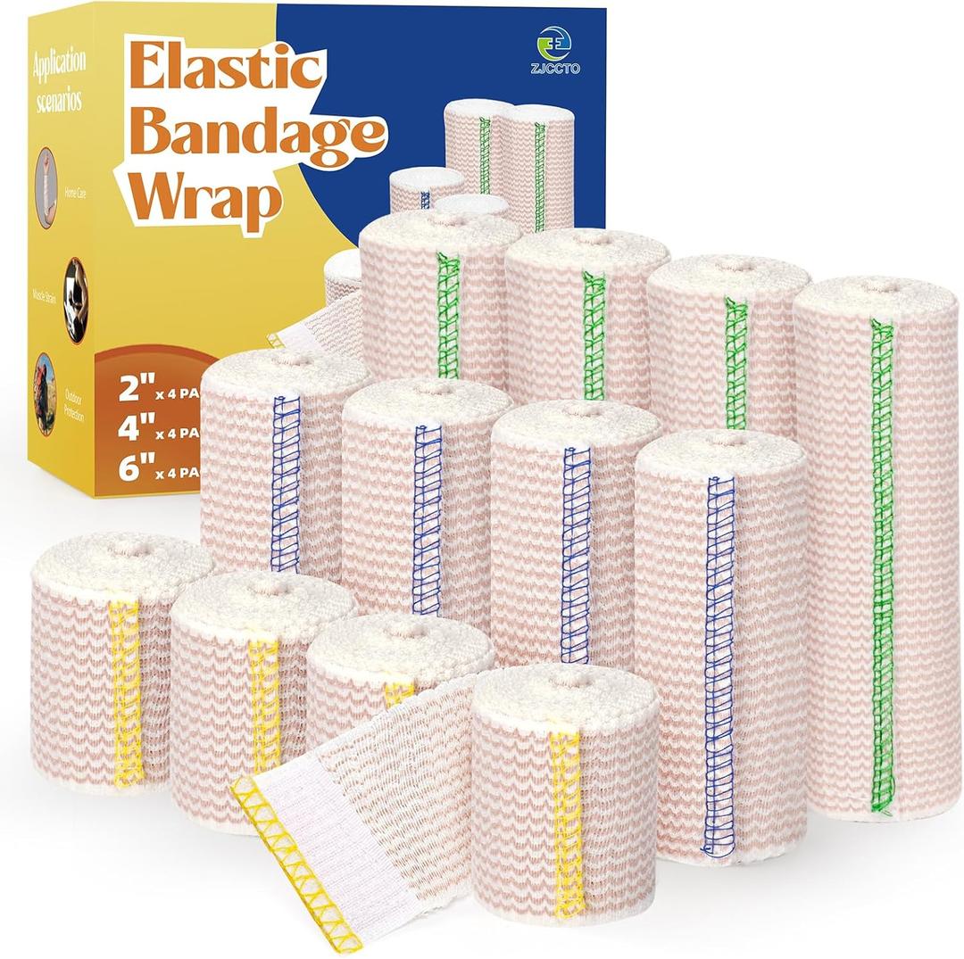 12 Pack Elastic Bandage Wrap (4x2", 4x4", 4x6") | Premium Compression Wrap Bandage for Wounds Medical Bandage Latex Free Stretchy Bandage Wrap for First Aid Sports Protection Injury Recovery