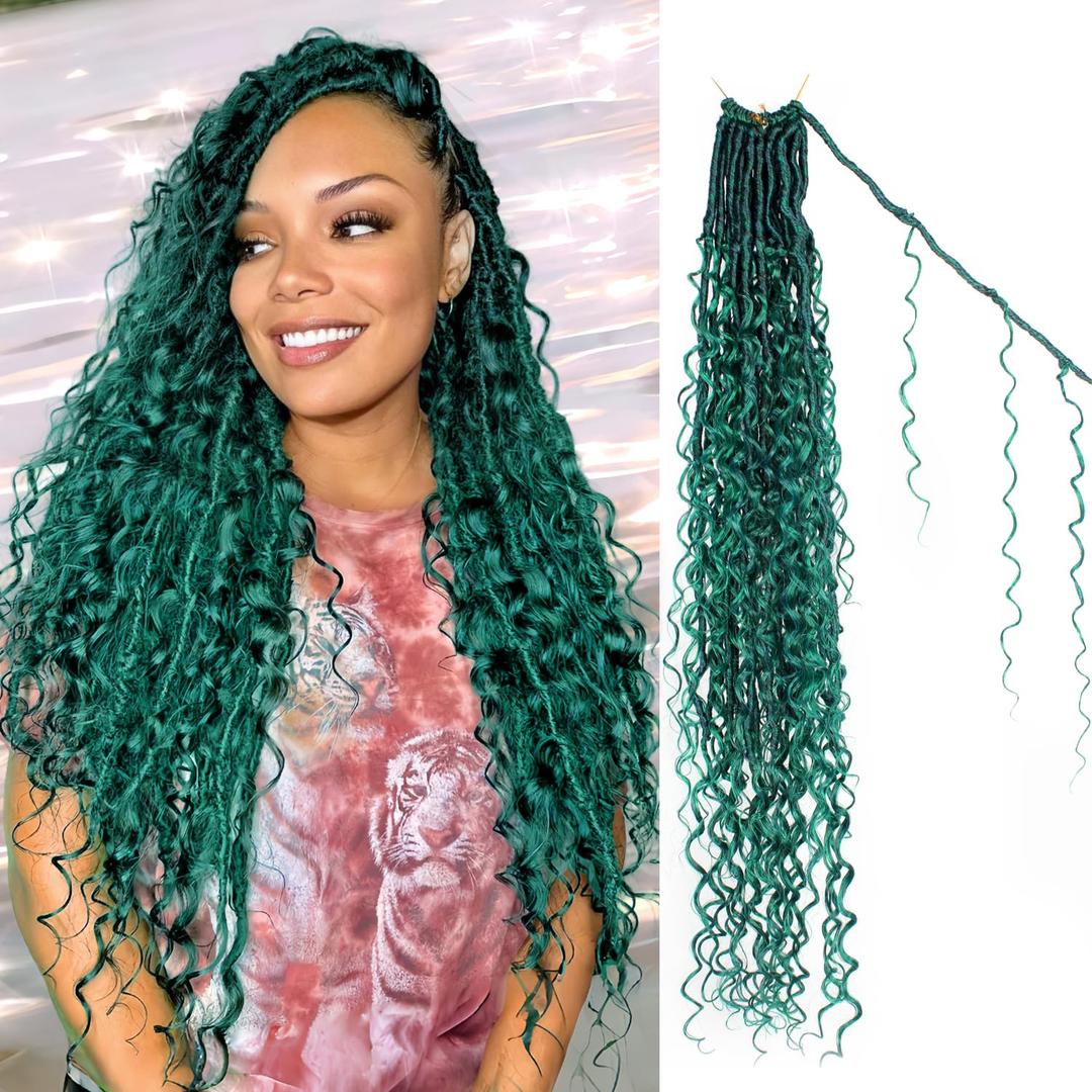 Green Boho Faux Locs Crochet Hair 30 Inch Goddess Locs 8 Packs Boho Soft Hair with Curly Ends Pre-looped Long Bohemian River Locs Crochet Hair for Black Women(30Inch,green)