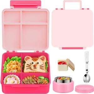 Kids Bento Lunch Box with 8oz Soup Thermo, Kids Leakproof Lunch Food Containers with 4 Compartment,Insulated Hot Food Jar with Lunch Bag for School, Travel (Pink-No lunch bag)