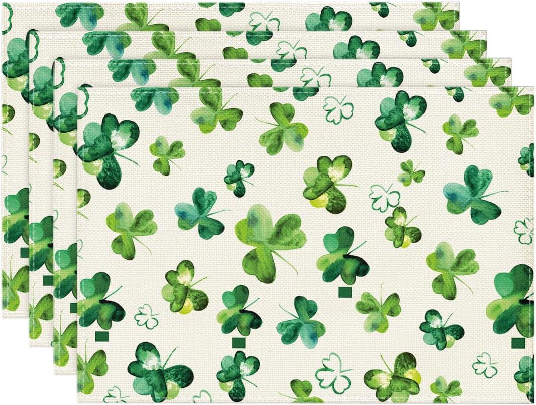 Artoid Mode Lucky Shamrock St. Patrick's Day Placemats for Dining Table, 12 x 18 Inch Seasonal Holiday Rustic Vintage Washable Table Mats Set of 4 (Beige)
