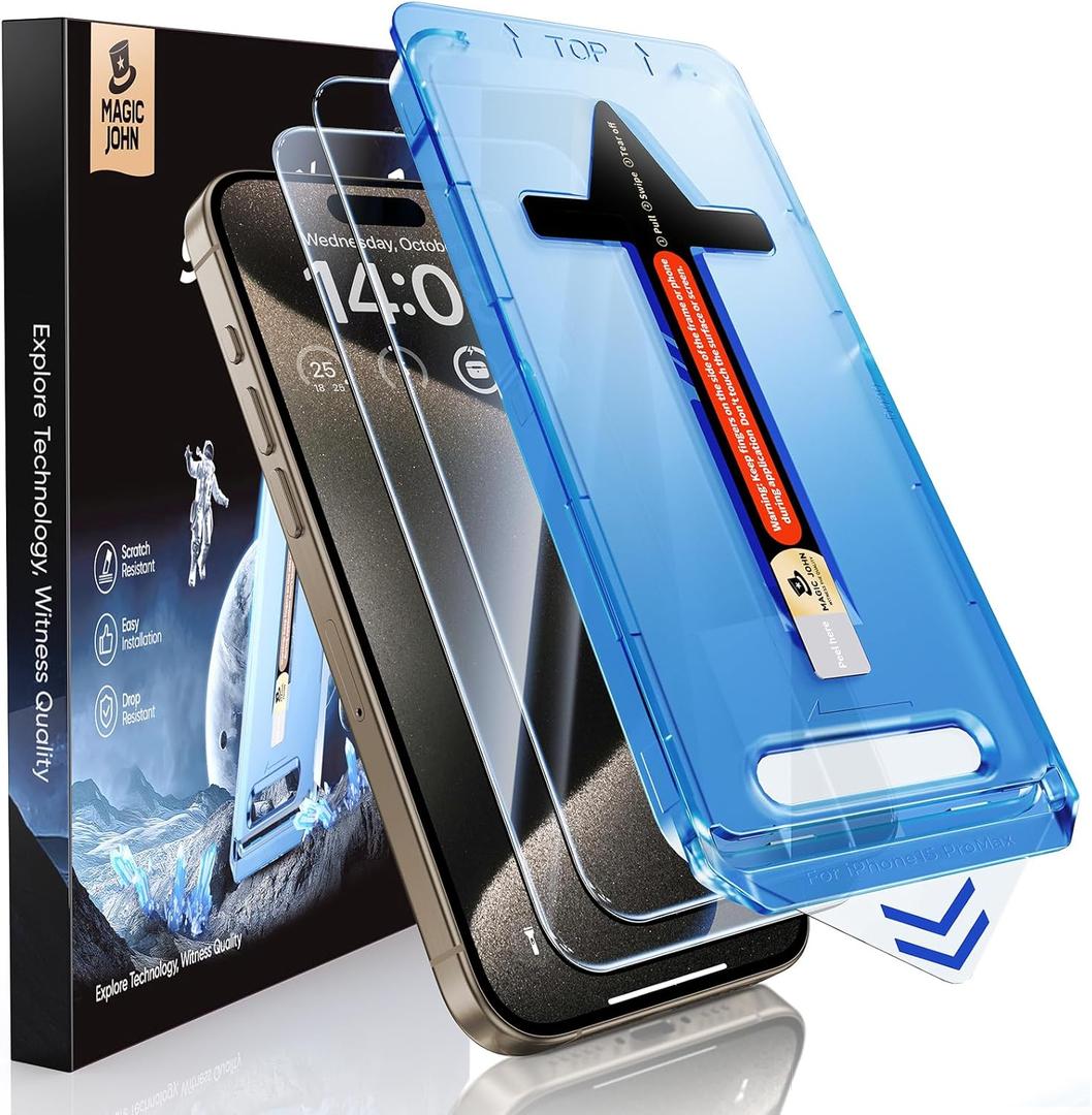 MAGIC JOHN 2 Pack for iPhone 15 Pro Max 6.7 inch Tempered Glass Screen Protector, Auto Dust-Elimination Installation, Bubble Free, Dynamic Island Compatible, HD Clear, Easy Installation