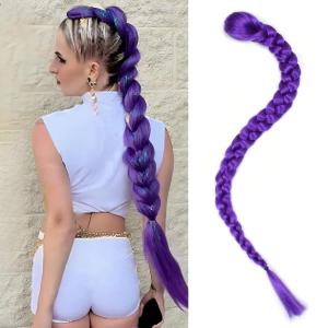 26 inch Long Purple Braid Ponytail Pre Stretched Purple Hair Extensions for Braids Easy Clip in Ponytail for Cosplay Halloween Costume
