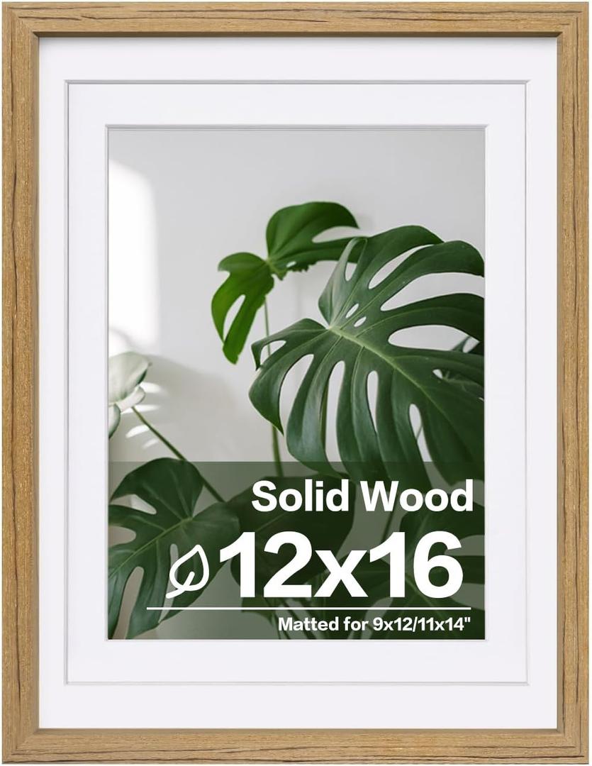 Egofine 12x16 Picture Frame with Plexiglass Made of Solid Wood, Display Pictures 9x12/11x14 with Mat or 12x16 Without Mat for Wall Mounting, Carbonized Brown