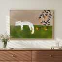 Large Framed Cozy Cat Neutral Green Canvas Wall Art Bedroom, 24x36 Inch