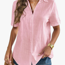 Zeagoo Women Linen Button Down Shirt Rolled Cuffed Short Sleeve Blouse Ladies Summer Casual V Neck Beach Cotton Tops XXL