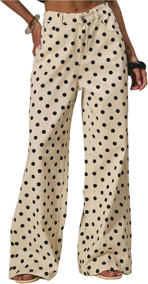 WDIRARA Women's Polka Dots Jeans Vintage Mid Rise Wide Leg Denim Pants with Pockets Beige 27