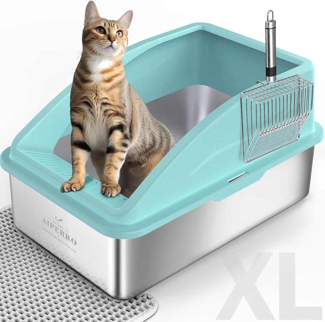 Stainless Steel Litter Box | XL Enclosed Cat Litter Boxs with Lid for Big Cats | High Sided, Anti-Urine Leakage | Non-Stick Bottom & Includes Litter Mat & Metal Scoop (Turquoise, X-Large)