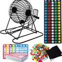Yuanhe Jumbo Bingo Game Set - 11" Metal Round Cage, 75 Colored Balls, 100 Bingo Cards, 500 Mixed Chips and Master Board for Large Groups, Parties