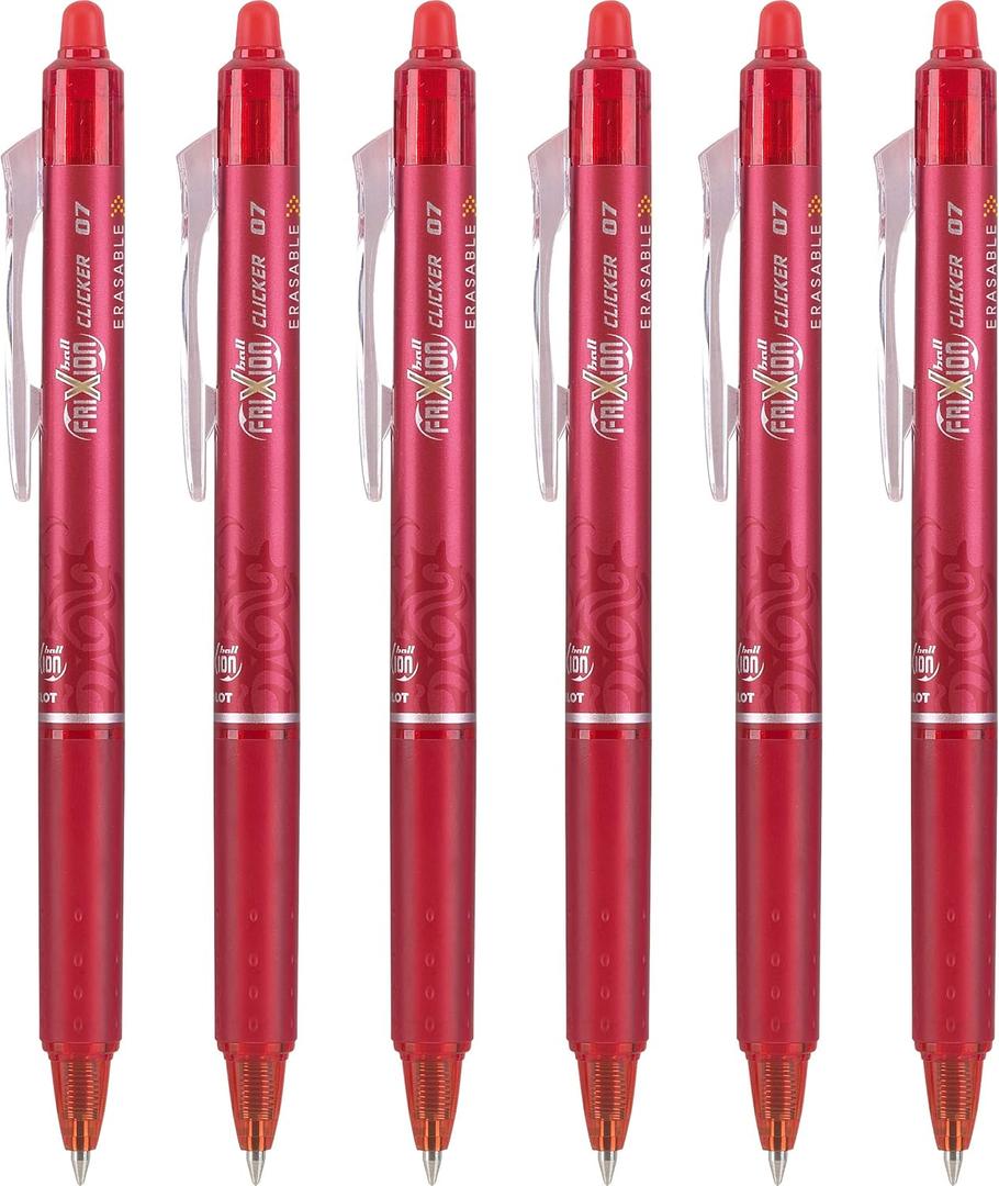 Pilot FriXion Clicker Erasable Gel Pens, Fine Point (0.7mm), Red Ink, 6-Pack - Refillable, Smooth Writing Pens for School, Journaling, and Office Use