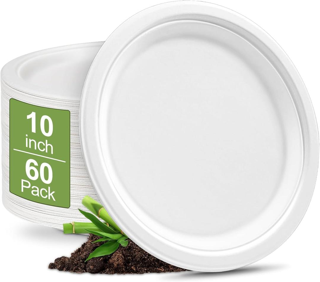 Compostable 10 Inch Disposable Paper Plates [60 Pack] - Heavy Duty Eco-Friendly Sugarcane Fiber Plates for Parties, Weddings, Camping, White Large Biodegradable Sturdy Soak-proof