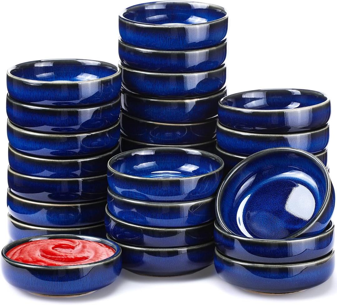 Roshtia 30 Pieces Ceramic Soy Sauce Dish 3.5 Inch Porcelain Dipping Bowls 3oz Multipurpose Small Bowl Mini Serving Dinnerware for Pinch Seasoning Appetizer Soy Sushi(Blue)