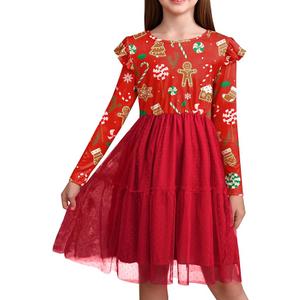 Christmas Little Girl's Flutter Shoulder Gingerbread Man Printed Tutu Dresses Swing Crew Neck Outfit Red 6 Years