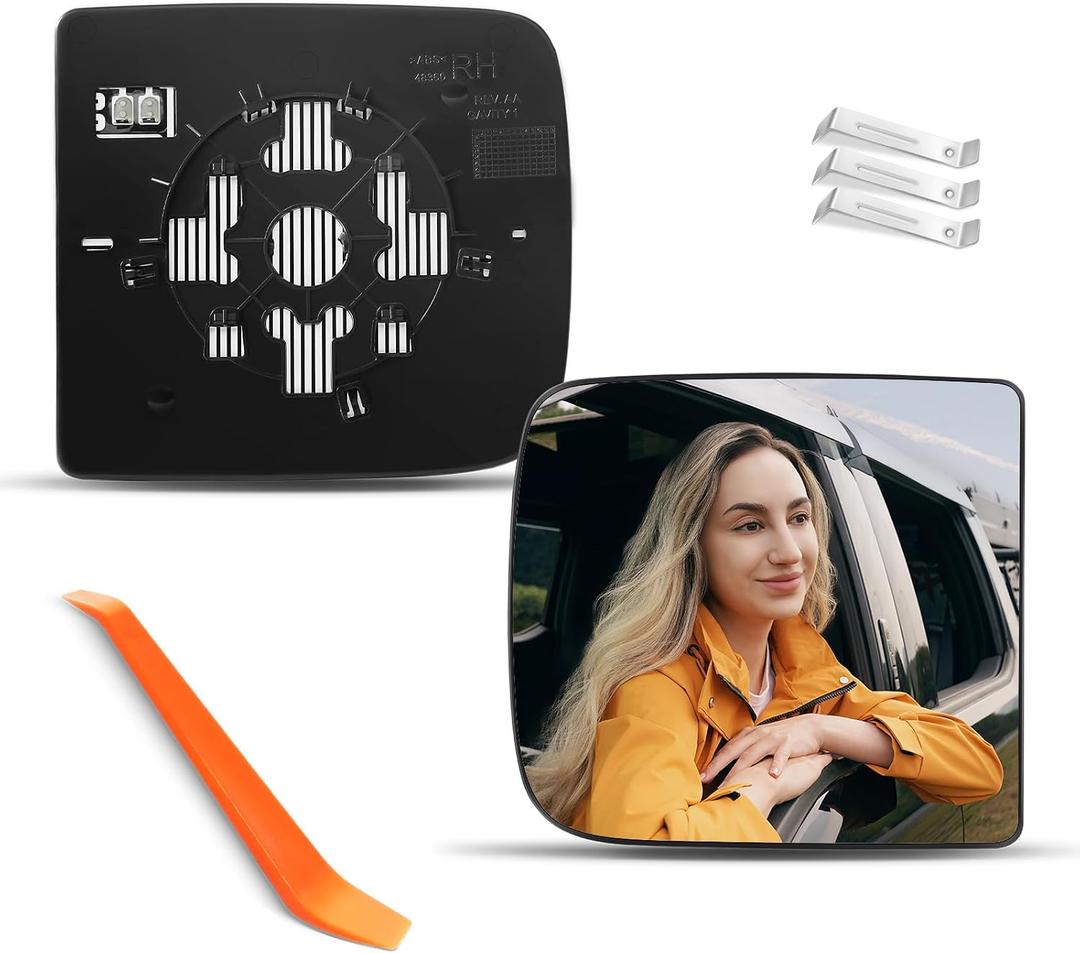 Upper Passenger Heated Mirror Glass Replacement for 2009-2018 Dodge Ram 1500 2500 3500, Right Exterior Side Flat Mirror with 3 Holders, 68067729AA