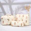 3Pcs Quilted Makeup Bag - Cotton Large Floral Makeup Bag, Travel Cosmetic Bag Cute Flower Aesthetic Floral Toiletry Organizer Bag Set for Women (02White-Bear)