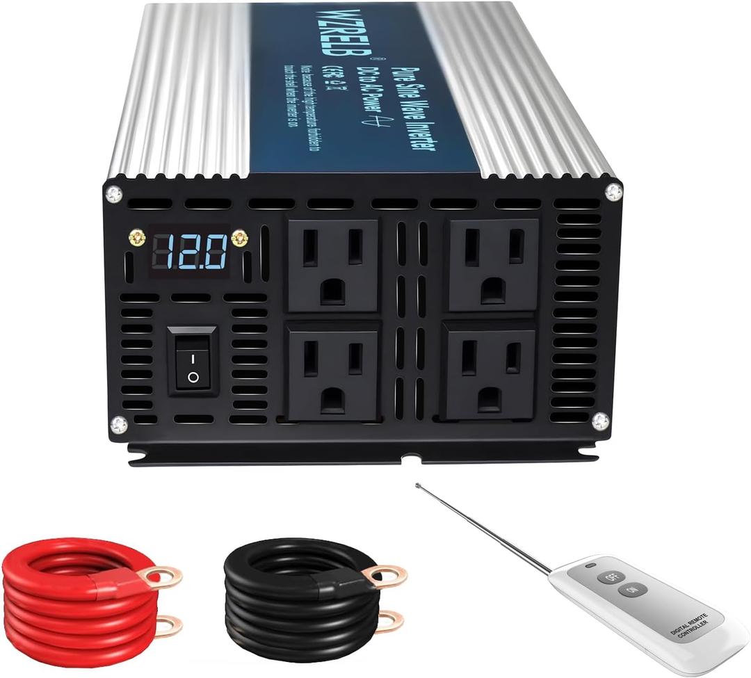 WZRELB 1800W Pure Sine Wave Inverter 12V DC to 110V 120V AC Power Converter with LED Display, Remote Controller, Off-Grid Power Inverter 3600W Surge with 4 AC Outlets,for Home, RV, Truck, Camping
